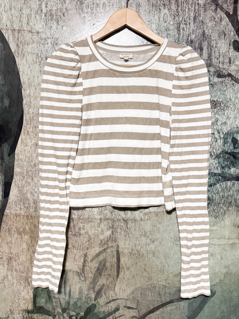 Striped Puff-Long Sleeve Cropped Top in Beige & White Stripe